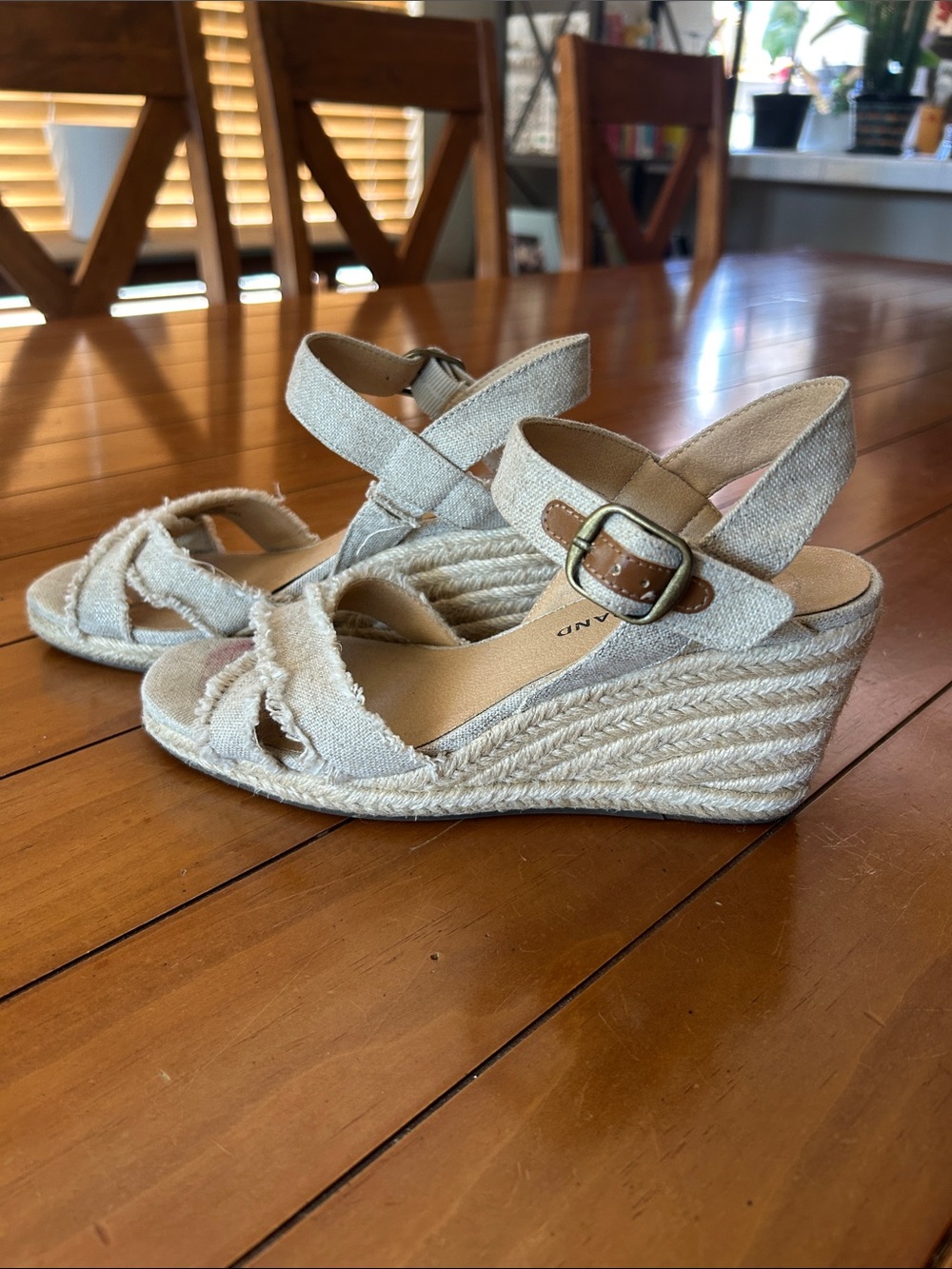Lucky Brand Canvas Espadrille Wedge Sandals Size 6 Beige Ankle Strap
